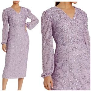 Mac Duggal NWT Purple Sequined Illusion Puff Sleeve V Neck Midi Dress Size 2
